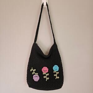 Sonoma Y2K Black Crochet Shoulder Bag Floral Knit Tote Boho Cottage Spring Purse
